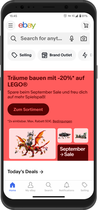 eBay app home screen — LEGO September Sale promo