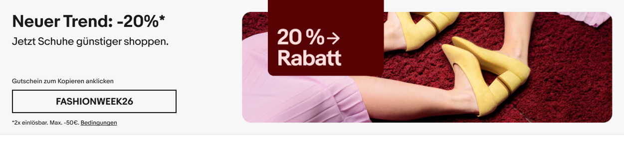 eBay onsite promo strip — Neuer Trend -20%, Fashionweek26 coupon