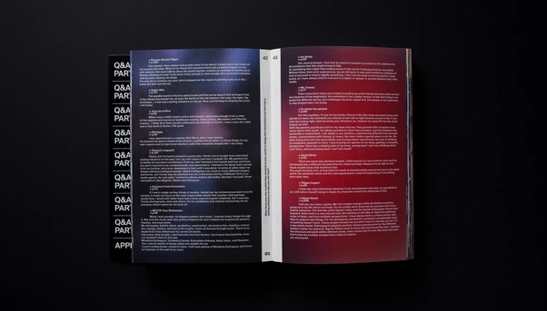 Q&A interview spread on red gradient