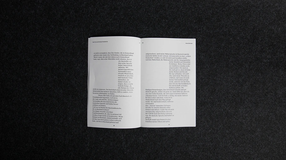 Two-page text spread showing the shared body-text grid that runs through every essay.